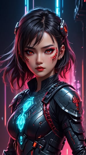 A highly detailed and intricate striking and fashionable portrait of an enigmatic Chinese female cybersoldier in a futuristic, cyberpunk-inspired world. She has fashionable armored glasses on her face. The elegant warrior has bright, braided hair styled in pigtails and dons intricate black and red armor in the form of a dino skeleton embellished with battle marks. Her sleek helmet conceals her face, exuding an aura of mystique and intimidation. Wielding a plasma with a a chain wound around the arm that emits intense fire, she embodies power and grace. Her striking features, sharp facial expressions, and muscular arms reveal her determination, depth, strength, and resilience. The glowing bio-organics on her shoulder allude to advanced technologies. The muted background highlights her captivating presence, creating a vivid and fashion-forward cyberpunk masterpiece. big plump lips, fashionable armored glasses, cinematic, fashion, vibrant, portrait photography