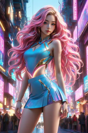 A stunning 3D render of a young woman dressed in a miniskirt with a V-shaped cutout at the top. Her outfit is a vibrant mix of blue and pink, with a touch of gold accents. She has long, flowing hair that complements her playful and confident pose. The background is a futuristic cityscape with neon lights, creating a dynamic and energetic atmosphere., 3d render, poster
