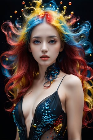 A young alluring woman. A captivating image of a woman's hair dissolving into thousands of tiny, translucent, and colorful spheres. Her once luscious locks transform into a mesmerizing display of yellow, blue, and red orbs. The background is a deep, dark black, providing a dramatic contrast to the vibrant and otherworldly transformation of the hair.