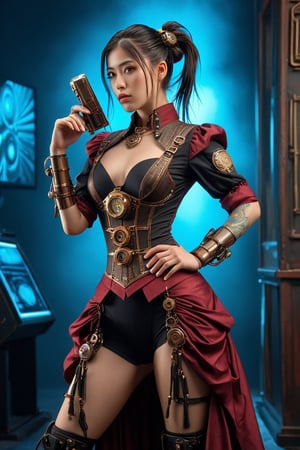 Features a live-action movie character in the style of "Jujutsu Kaisen", Full body, steampunk theme, Victorian era, centered, a young woman, ponytail hair, steampunk dress and accessories, dynamic free pose, vibrant color ,masterpiece artwork, 32k, dslr, uhd, professional photography, best quality, cinematic angle, realistic lighting,Cyberpunk geisha,mad-cyberspace