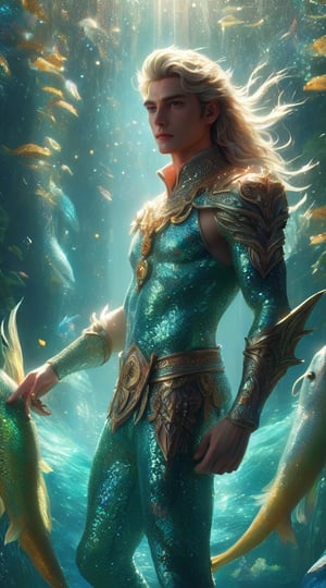 A captivating fantasy portrait of a stunning powerful semi god. Beneath the surface of a crystal-clear lake, Nereus, a regal merman warlord, commands his aquatic legions with grace and ferocity. The refracted, shimmering light of the sun dances across his iridescent scales, revealing the intricate patterns and subtle color variations that adorn his powerful form.,Genderless,Handsome boy,masculine,cinematic style,glitter