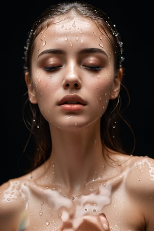A young alluring woman. A captivating portrait of a woman with water droplets delicately cascading down her face and chest. Her eyes remain closed, and her lips slightly parted, as if she is experiencing a profound moment of serenity. The droplets reflect light, casting a shimmering glow that accentuates her facial features and adds a mystical touch. The dark background intensifies the brilliance of the droplets and draws attention to the subject's mesmerizing beauty.