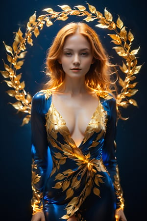 a captivating alluring young woman stands against a dark blue background, surrounded by a halo of golden light. Instead of a conventional dress, the woman appears to be wrapped in a cascade of gold leaves that flow elegantly around her figure. Her copper hair is intertwined with the golden leaves, creating an image of natural beauty and serenity. The combination of deep blue tones and golden glow creates an atmosphere of warmth and majesty. ,fire element,xxmix_girl,neon photography style,glowing,glowing-neon-colour-clothing