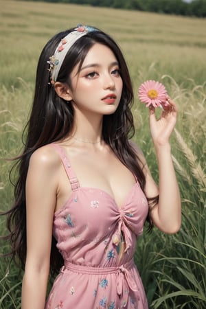(Best quality, 8k, 32k, Masterpiece, photorealism, UHD:1.2). A charming alluring woman dressed in a open swimsuit and headscarf, gracefully lying in the middle of a lush field of wildflowers. She holds a smartphone in her hand and takes a selfie. A pink blanket underneath, as well as a picnic basket decorated with flowers, give this scene a touch of elegance and mystery. In the background, Young men dressed in summer shorts of different colors are depicted admiring a woman and looking at her from the tall grass, swaying in the wind, which creates a serene, idyllic atmosphere. The overall composition is a perfect combination of fashion, illustration and cinematic elements., cinematography, painting, illustration, fashion, portrait photography,Enhanced All
