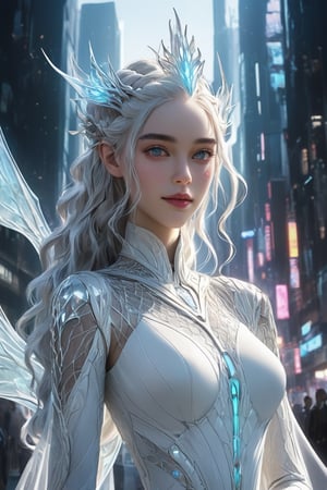 An alluring, futuristic portrait of young pretty Daenerys Targaryen, alluring smile, reimagined as a cyberpunk gothic queen. She is dressed in an ultra-sensual, skin-tight translucent white dress with intricate detailing and flowing fabric. Daenery's hair is styled in a sleek, modern way, with strands of it illuminated with neon lights. In the background, there's a futuristic cityscape with towering skyscrapers, and her dragon army is seen flying in formation, their scales glowing with an otherworldly radiance, photo,glitter