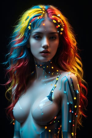 A young alluring woman. A captivating portrait of a woman's hair dissolving into thousands of tiny, translucent, and colorful spheres strapes covered her svelte body. Her once luscious locks transform into a mesmerizing display of yellow, blue, and red orbs. The background is a deep, dark black, providing a dramatic contrast to the vibrant and otherworldly transformation of the hair.,neon photography style,mad-cyberspace