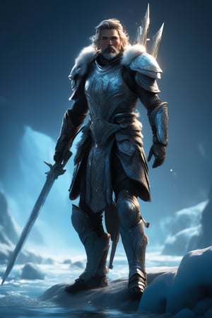 A handsome young Guardian of the Mysterious Arctic Ocean, suffused with a twilight glow, a stalwart figure clad in glimmering armor, crafted with meticulous detail. Bathed in divine light, a giant ancient sword solid in the ground.its blade pulsating with vibrant energy. Rendered in a stylized manner, this 4K high-resolution concept artwork captures the essence of a dark and mythical world, reminiscent of the illustrious artistry of Benedick Bana and the enchanting style,tag score