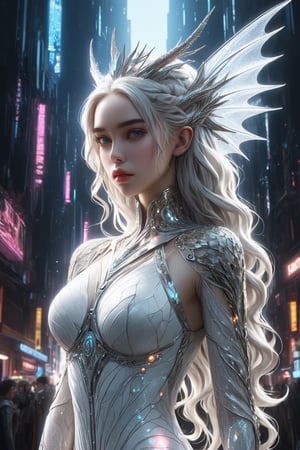 An alluring, futuristic portrait of young pretty Daenerys Targaryen, reimagined as a cyberpunk gothic queen. She is dressed in an ultra-sensual, skin-tight translucent white dress with intricate detailing and flowing fabric. Daenery's hair is styled in a sleek, modern way, with strands of it illuminated with neon lights. In the background, there's a futuristic cityscape with towering skyscrapers, and her dragon army is seen flying in formation, their scales glowing with an otherworldly radiance, photo,glitter