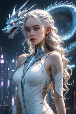 An alluring, futuristic portrait of young pretty Daenerys Targaryen, reimagined as a cyberpunk queen. She is dressed in an ultra-sensual, skin-tight white dress with intricate detailing and flowing fabric. Daenerys' hair is styled in a sleek, modern way, with strands of it illuminated with neon lights. In the background, there's a futuristic cityscape with towering skyscrapers, and her dragon army is seen flying in formation, their scales glowing with an otherworldly radiance, photo
