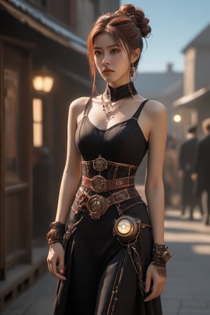 Features a live-action movie character in the style of "Jujutsu Kaisen", Full body, steampunk theme, Victorian era, centered, a young woman, ponytail hair, steampunk dress and accessories, dynamic free pose, vibrant color ,masterpiece artwork, 32k, dslr, uhd, professional photography, best quality, cinematic angle, realistic lighting,Cyberpunk geisha,mad-cyberspace,xxmix_girl