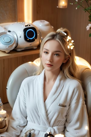 A young alluring woman with long blonde hair, In a serene, beautifully appointed spa equipped with the latest in relaxation technology, the woman, clad in a plush robe, experiences a variety of automated treatments from massage to skincare, administered by the robot. Its design is sleek and unobtrusive, emitting soft, soothing sounds and gentle warmth. The spa features aromatherapy diffusers that adjust scents based on the woman’s stress levels and mood, creating a personalized atmosphere of tranquility.,girl,better photography,glitter,aesthetic portrait