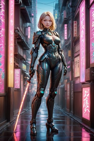 a captivating portrait of a stunning futuristic blonde Caucasian cyborg samurai woman, poised amidst the pulsating neon-lit streets of a bustling metropolis. The samurai's sleek armor, adorned with intricate glowing circuitry, reflects the vibrant colors of the neon signs that illuminate the urban landscape. Her katana gleams with a razor-sharp edge, shimmering with an aura of controlled aggression that hints at her formidable skill.
The background is dominated by towering skyscrapers, their reflective surfaces capturing the myriad hues of the neon lights and casting long shadows against the city streets below. The contrast between the ancient warrior ethos embodied by the samurai and the cutting-edge cybernetic enhancements she possesses creates a dynamic atmosphere of intrigue and anticipation. the colors are vivid and vibrant, enhancing the aesthetic beauty of the scene and drawing the viewer's eye to the striking contrast between tradition and modernity. The samurai's sword shines with a brilliance that reflects her strength and prowess, while the neon-lit cityscape pulsates with energy, immersing the viewer in a world where the past and the future collide in a mesmerizing symphony of light and shadow., conceptual art, vibrant, architecture, 3d render, cinematic,Slim body