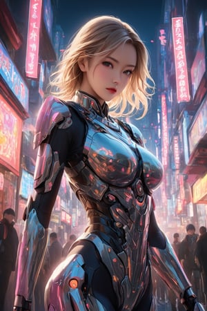 a captivating portrait of a stunning futuristic blonde cyborg samurai woman, poised amidst the pulsating neon-lit streets of a bustling metropolis. The young samurai's sleek translucent biomechanical armor, adorned with intricate glowing circuitry, reflects the vibrant colors of the neon signs that illuminate the urban landscape. Her katana gleams with a razor-sharp edge, shimmering with an aura of controlled aggression that hints at her formidable skill.
The background is dominated by towering skyscrapers, their reflective surfaces capturing the myriad hues of the neon lights and casting long shadows against the city streets below. The contrast between the ancient warrior ethos embodied by the samurai and the cutting-edge cybernetic enhancements she possesses creates a dynamic atmosphere of intrigue and anticipation. the colors are vivid and vibrant, enhancing the aesthetic beauty of the scene and drawing the viewer's eye to the striking contrast between tradition and modernity. The samurai's sword shines with a brilliance that reflects her strength and prowess, while the neon-lit cityscape pulsates with energy, immersing the viewer in a world where the past and the future collide in a mesmerizing symphony of light and shadow., conceptual art, vibrant, architecture, 3d render, cinematic,Slim body