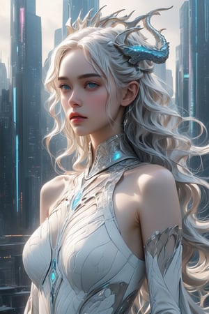 An alluring, futuristic portrait of young pretty Daenerys Targaryen, reimagined as a cyberpunk gothic queen. She is dressed in an ultra-sensual, skin-tight translucent white dress with intricate detailing and flowing fabric. Daenery's hair is styled in a sleek, modern way, with strands of it illuminated with neon lights. In the background, there's a futuristic cityscape with towering skyscrapers, and her dragon army is seen flying in formation, their scales glowing with an otherworldly radiance, photo