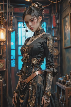 Features a live-action movie character in the style of "Jujutsu Kaisen", Full body, steampunk theme, Victorian era, centered, a young woman, ponytail hair, steampunk dress and accessories, dynamic free pose, vibrant color ,masterpiece artwork, 32k, dslr, uhd, professional photography, best quality, cinematic angle, realistic lighting,Cyberpunk geisha