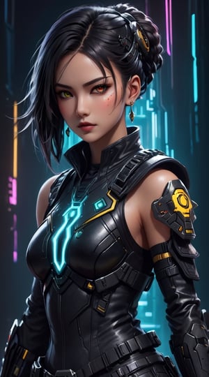 In this envisioned cyberpunk realm, picture a female cybersoldier meticulously depicted with futuristic elements:Clad in elaborate black and yellow armor etched with battle scars and donning fashionable armored glasses, she embodies a blend of strength and sophistication. Her hair is elegantly styled in braided pigtails, harmonizing with her sleek helmet to exude a commanding presence. Wielding a plasma weapon in one hand with a chain wrapped around her arm, she emanates a compelling mix of power, grace, and enigmatic charm.Her features are remarkable, showcasing sharp and authoritative expressions that reveal a depth of character and unwavering resolve. The muscular definition in her arms speaks volumes about her resilience and combat expertise, accentuating her formidable nature. The subtle radiance of bio-organics on her shoulder hints at sophisticated integrated technology, infusing an aura of intrigue and innovation into her character.Set against a muted backdrop designed to elevate her captivating persona, this cyberpunk artwork encapsulates a sense of awe-inspiring advancement and strength. 
