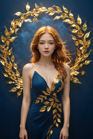 a captivating alluring young woman stands against a dark blue background, surrounded by a halo of golden light. Instead of a conventional dress, the woman appears to be wrapped in a cascade of gold leaves that flow elegantly around her figure. Her copper hair is intertwined with the golden leaves, creating an image of natural beauty and serenity. The combination of deep blue tones and golden glow creates an atmosphere of warmth and majesty. ,fire element,xxmix_girl