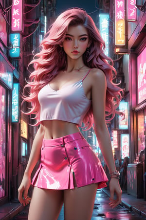 A stunning young woman dressed in a fashionable outfit. She wears a bright pink miniskirt with a V-shaped cut in the front, complemented by a white crop top. The woman has long, flowing hair, and her pose exudes confidence. The background of the poster is a vibrant cityscape at night, with neon lights reflecting off the buildings. The overall atmosphere is energetic and urban, perfect for a fashion-forward cityscape., 3d render, poster,FuturEvoLab-Lora-mecha