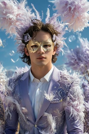 A handsome fit young man in a unique suit, made of fluff feathers, floats in a sky filled with lavender hues. He wears a golden mask that shines with sweet and soft light, reflecting the beauty of the sky. Giant bubbles, filled with dreams and magical landscapes, float around, showing images of crystal trees and mountains made of cotton candy. The atmosphere is ethereal and magical, full of awe and wonder, giving the feeling of being in a place outside of time and space.,Handsome boy,Muscle,powerdef,Movie Still