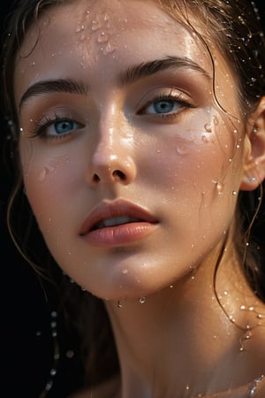 A young alluring woman. A captivating close-up portrait of a woman with water droplets delicately cascading down her face. Her eyes remain closed, and her lips slightly parted, as if she is experiencing a profound moment of serenity. The droplets reflect light, casting a shimmering glow that accentuates her facial features and adds a mystical touch. The dark background intensifies the brilliance of the droplets and draws attention to the subject's mesmerizing beauty.