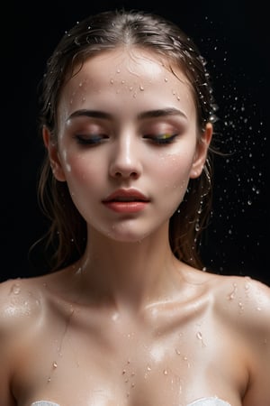 A young alluring woman. A captivating portrait of a woman with water droplets delicately cascading down her face and fullbody. Her eyes remain closed, and her lips slightly parted, as if she is experiencing a profound moment of serenity. The droplets reflect light, casting a shimmering glow that accentuates her facial features and adds a mystical touch. The dark background intensifies the brilliance of the droplets and draws attention to the subject's mesmerizing beauty.,girl
