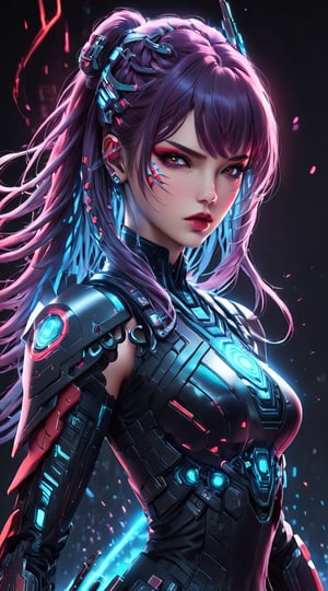 A captivating and vivid portrayal of a young alluring female cyber soldier in a cyberpunk-inspired world, where fashion meets futuristic aesthetics. The woman has bright, braided hair styled into pigtails, contrasting with her intricate white and red armor that showcases battle scars. Advanced bio-organics glow on her shoulder, highlighting the integration of technology into her being. Her face remains hidden beneath a sleek helmet, exuding a blend of mystique and intimidation. Wielding a plasma whip that emits intense flames, she embodies power, grace, and unwavering determination. Her bold lips, sharp facial expressions, and muscular arms reveal her depth, strength, and resilience. The muted background emphasizes her features and design, creating a mesmerizing cyberpunk masterpiece that showcases the perfect fusion of style, cinematic,LegendDarkFantasy