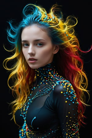 A young alluring woman. A captivating portrait of a woman's hair dissolving into thousands of tiny, translucent, and colorful spheres strapes covered her svelte body. Her once luscious locks transform into a mesmerizing display of yellow, blue, and red orbs. The background is a deep, dark black, providing a dramatic contrast to the vibrant and otherworldly transformation of the hair.,neon photography style,mad-cyberspace