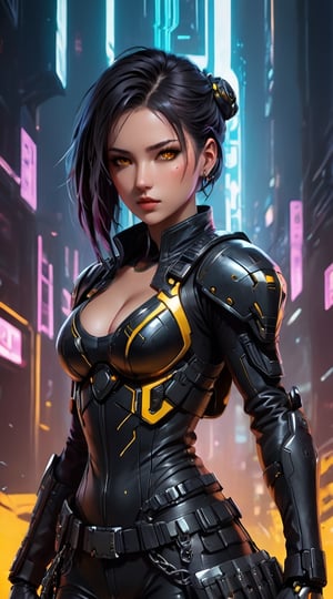 In this envisioned cyberpunk realm, picture a female cybersoldier meticulously depicted with futuristic elements:Clad in elaborate black and yellow armor etched with battle scars and donning fashionable armored glasses, she embodies a blend of strength and sophistication. Her hair is elegantly styled in braided pigtails, harmonizing with her sleek helmet to exude a commanding presence. Wielding a plasma weapon in one hand with a chain wrapped around her arm, she emanates a compelling mix of power, grace, and enigmatic charm.Her features are remarkable, showcasing sharp and authoritative expressions that reveal a depth of character and unwavering resolve. The muscular definition in her arms speaks volumes about her resilience and combat expertise, accentuating her formidable nature. The subtle radiance of bio-organics on her shoulder hints at sophisticated integrated technology, infusing an aura of intrigue and innovation into her character.Set against a muted backdrop designed to elevate her captivating persona, this cyberpunk artwork encapsulates a sense of awe-inspiring advancement and strength. 