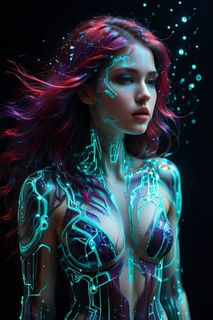 A young alluring woman. A mesmerizing and abstract piece of art where a svelte woman's hair disintegrates and disperses into countless translucent, luminescent cubes of violet, turquoise, and red. The background is a deep, velvety black, emphasizing the vibrant colors of the disintegrating hair. The piece exudes a surreal and ethereal atmosphere, as if the willowy woman's essence is transforming into a dreamlike state.,neon style,glowing-neon-colour-clothing,glowing,mad-cyberspace