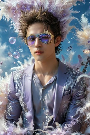 A handsome fit young man in a unique suit, made of fluff feathers, floats in a sky filled with lavender hues. He wears a golden mask that shines with sweet and soft light, reflecting the beauty of the sky. Giant bubbles, filled with dreams and magical landscapes, float around, showing images of crystal trees and mountains made of cotton candy. The atmosphere is ethereal and magical, full of awe and wonder, giving the feeling of being in a place outside of time and space.,Handsome boy,Muscle,powerdef