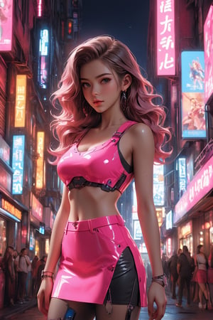 A stunning young woman dressed in a fashionable outfit. She wears a bright pink miniskirt with a V-shaped cut in the front, complemented by a white crop top. The woman has long, flowing hair, and her pose exudes confidence. The background of the poster is a vibrant cityscape at night, with neon lights reflecting off the buildings. The overall atmosphere is energetic and urban, perfect for a fashion-forward cityscape., 3d render, poster,FuturEvoLab-Lora-mecha