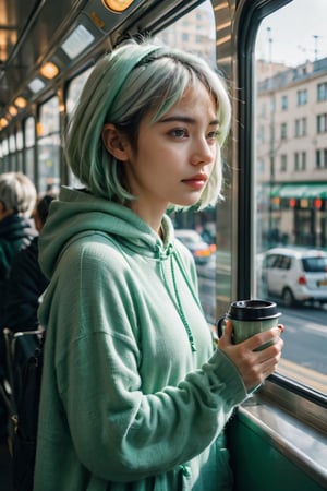 A young woman standing in a metro train, beside a window, leaning on the wall, holding a coffee mug, wearing pastel green hoodie, side view, short white hair, hair bangs, silky hair, curvy hair, bright eyes, looking outside through the window, minimal, lofi, 90's style, depth of field, day time, motion blur outside, shadows, cute face, woolen hat on the head,aesthetic portrait