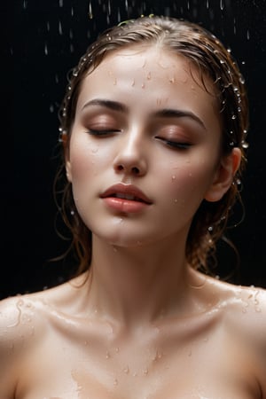 A young alluring woman. A captivating portrait of a woman with water droplets delicately cascading down her face and full body. soaking wet curvy body. Her eyes remain closed, and her lips slightly parted, as if she is experiencing a profound moment of serenity. The droplets reflect light, casting a shimmering glow that accentuates her facial features and adds a mystical touch. The dark background intensifies the brilliance of the droplets and draws attention to the subject's mesmerizing beauty.,girl