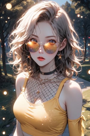 sw1mc0v3r, mini shirt, see-through, fishnets, from_above, crop top, detailed face, yellow bodycon tank top, hair, park, sky, trees, pale skin, moonlight, stars, 1girl, statement sunglasses, woman,petite, vivid colors, bokeh background, subject for emphasis,dramatic colors,glitter
