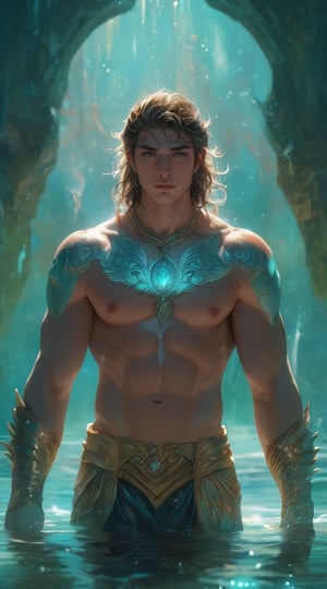 A captivating fantasy portrait of a stunning powerful semi god. Beneath the surface of a crystal-clear lake, Nereus, a regal merman warlord, commands his aquatic legions with grace and ferocity. The refracted, shimmering light of the sun dances across his iridescent scales, revealing the intricate patterns and subtle color variations that adorn his powerful form.,Genderless,Handsome boy,masculine,cinematic style