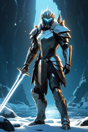 A handsome young Guardian of the Mysterious Arctic Ocean, suffused with a twilight glow, a stalwart figure clad in glimmering armor, crafted with meticulous detail. Bathed in divine light, a giant ancient sword solid in the ground.its blade pulsating with vibrant energy. Rendered in a stylized manner, this 4K high-resolution concept artwork captures the essence of a dark and mythical world, reminiscent of the illustrious artistry of Benedick Bana and the enchanting style