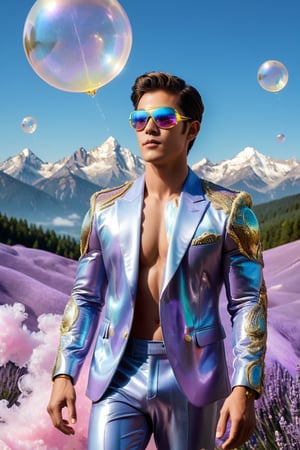 A handsome fit young man in a unique suit, made of iridescent feathers, floats in a sky filled with lavender hues. He wears a golden mask that shines with sweet and soft light, reflecting the beauty of the sky. Giant bubbles, filled with dreams and magical landscapes, float around, showing images of crystal trees and mountains made of cotton candy. The atmosphere is ethereal and magical, full of awe and wonder, giving the feeling of being in a place outside of time and space.,Handsome boy,Muscle,powerdef
