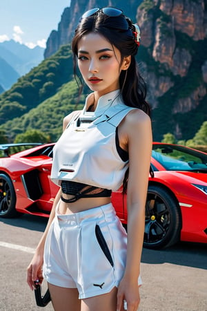 A young gorgeous super model standing in front of a Lamborghini white sports car. She is wearing a white sleeveless top and white shorts. Her hair is wavy and flows down her shoulders. The car is parked in an open area with a clear blue sky overhead. In the background, there are mountains and another red car. The overall ambiance of the picture is sunny and outdoorsy, photo,Cyberpunk geisha,Hijab