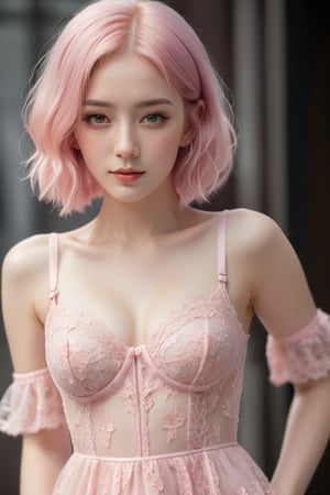 A young alluring woman wearing pink hair in a transparent hollow pink lace dress, in the style of hyperrealism and photorealism, UHD image, soft-focused realism, pastel color, babycore, gentle smile