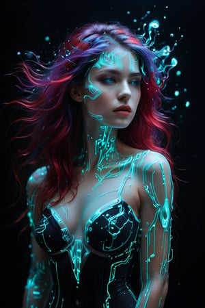 A young alluring woman. A mesmerizing and abstract piece of art where a svelte woman's hair disintegrates and disperses into countless translucent, luminescent cubes of violet, turquoise, and red. The background is a deep, velvety black, emphasizing the vibrant colors of the disintegrating hair. The piece exudes a surreal and ethereal atmosphere, as if the willowy woman's essence is transforming into a dreamlike state.,neon style,glowing-neon-colour-clothing,glowing,mad-cyberspace