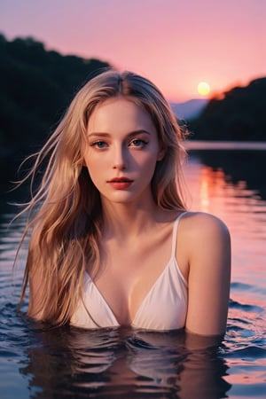 A striking photo of an alluring pretty woman. A Man-Ray photo of a young woman with very long, flowing blonde hair that spreads out like a waterfall, submerged in water up to her chest. She wears a white, loose-fitting top and is positioned centrally in the frame. The water reflects a vibrant sunset sky with hues of orange, pink, and blue. The sun appears to be setting on the horizon, casting a warm glow over the scene., 3d render