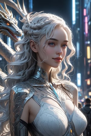 An alluring, futuristic portrait of young pretty Daenerys Targaryen, alluring smile, reimagined as a cyberpunk gothic queen. She is dressed in an ultra-sensual, skin-tight translucent white dress with intricate detailing and flowing fabric. Daenery's hair is styled in a sleek, modern way, with strands of it illuminated with neon lights. In the background, there's a futuristic cityscape with towering skyscrapers, and her enormous dragon army is seen flying in formation, their scales glowing with an otherworldly radiance, photo,glitter