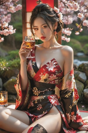 A captivating, sensual image of a stunning Japanese woman holding a glass of whisky, while striking a provocative pose with her legs spread. She is dressed in an elegant kimono, adorned with intricate designs and vibrant colors. The background showcases a traditional Japanese setting with cherry blossoms in full bloom, and a sense of sophistication and allure permeates the entire scene.