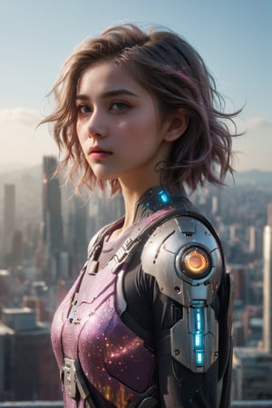 Dystopian, High Detail RAW color Photo, Full Shot, (cute youn girl), standing on the edge of high building, overlook, looking out at sprawling cyberpunk city skyline, perfect face, (highly detailed, fine details, intricate), (lens flare:0.5), (bloom:0.5), raytracing, specular lighting, shallow depth of field, 200mm lens, hard focus, smooth, cinematic film still.