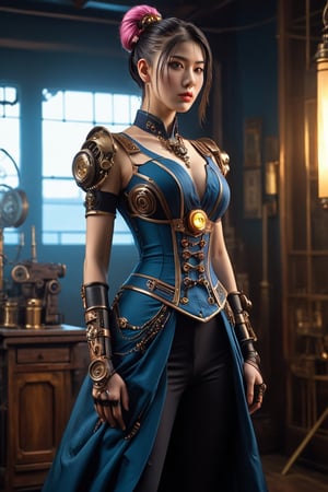 Features a live-action movie character in the style of "Jujutsu Kaisen", Full body, steampunk theme, Victorian era, centered, a young woman, ponytail hair, steampunk dress and accessories, dynamic free pose, vibrant color ,masterpiece artwork, 32k, dslr, uhd, professional photography, best quality, cinematic angle, realistic lighting,Cyberpunk geisha,mad-cyberspace,xxmix_girl