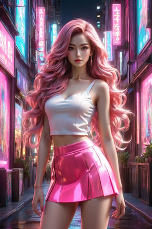 A stunning 3D render of a young woman dressed in a fashionable outfit. She wears a bright pink miniskirt with a V-shaped cut in the front, complemented by a white crop top. The woman has long, flowing hair, and her pose exudes confidence. The background of the poster is a vibrant cityscape at night, with neon lights reflecting off the buildings. The overall atmosphere is energetic and urban, perfect for a fashion-forward cityscape., 3d render, poster