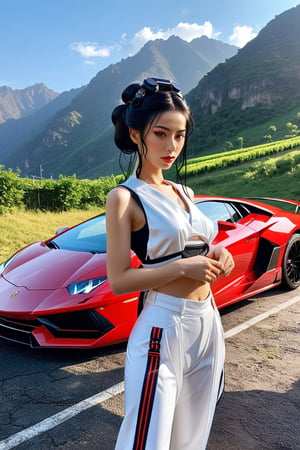 A young gorgeous super model standing in front of a Lamborghini white sports car. She is wearing a white sleeveless top and white shorts. Her hair is wavy and flows down her shoulders. The car is parked in an open area with a clear blue sky overhead. In the background, there are mountains and another red car. The overall ambiance of the picture is sunny and outdoorsy, photo,Cyberpunk geisha,Hijab,xxmix_girl