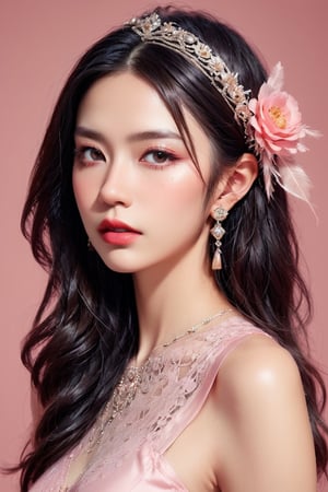 An alluring young pretty woman, covering the eyes with a transparent lace pink silk strip, in the style of hyperrealism and photorealism, UHD image,Soft used realism, Pastel color, Babycore,xxmix_girl