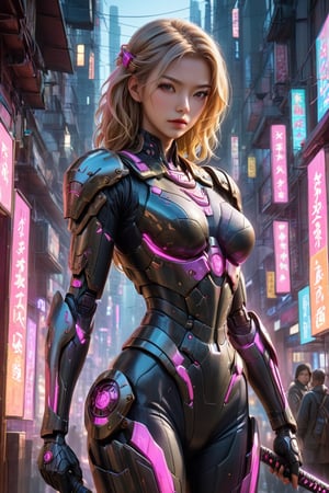 a captivating portrait of a stunning futuristic blonde cyborg samurai woman, poised amidst the pulsating neon-lit streets of a bustling metropolis. The young samurai's sleek armor, adorned with intricate glowing circuitry, reflects the vibrant colors of the neon signs that illuminate the urban landscape. Her katana gleams with a razor-sharp edge, shimmering with an aura of controlled aggression that hints at her formidable skill.
The background is dominated by towering skyscrapers, their reflective surfaces capturing the myriad hues of the neon lights and casting long shadows against the city streets below. The contrast between the ancient warrior ethos embodied by the samurai and the cutting-edge cybernetic enhancements she possesses creates a dynamic atmosphere of intrigue and anticipation. the colors are vivid and vibrant, enhancing the aesthetic beauty of the scene and drawing the viewer's eye to the striking contrast between tradition and modernity. The samurai's sword shines with a brilliance that reflects her strength and prowess, while the neon-lit cityscape pulsates with energy, immersing the viewer in a world where the past and the future collide in a mesmerizing symphony of light and shadow., conceptual art, vibrant, architecture, 3d render, cinematic,Slim body