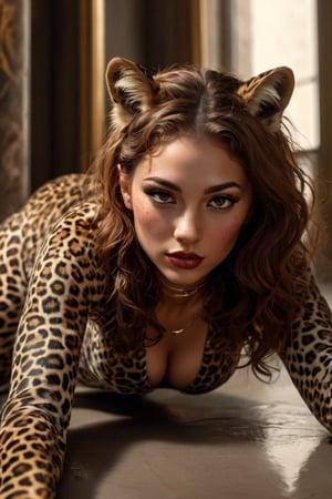 A mesmerizing full body portrait photo capturing the essence of an alluring brunette woman exuding serenity and mystery. A stunning piece of modern art featuring a voluptuous woman in a sexy leopard-inspired outfit, she is crawling on the ground complete with a leopard tail and ears. Her red curly hair, sensual lips, and alluring gaze command attention. The background is a minimalist, abstract design, featuring a blend of free-flowing lines, splashes, and scratches in a soft gradient metallic liquid. The piece is illuminated by bright gold lighting, creating a cinematic and conceptual atmosphere that is both fashionable and conceptual. The artwork is rendered in a 3D style, further enhancing its visual impact.,The Pose